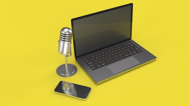 Vintage mic  notebook and smartphone 3d rendering for podcast  content.