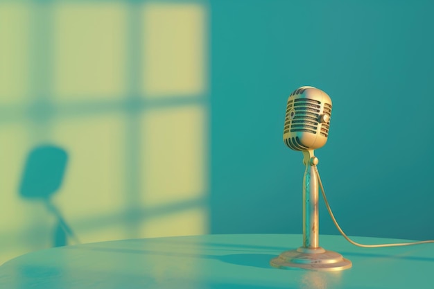 Vintage microphone and headphones on aquamarine background