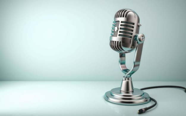 Vintage microphone on table on light blue background