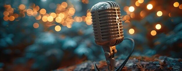 Vintage Microphone with Bokeh Lights Background