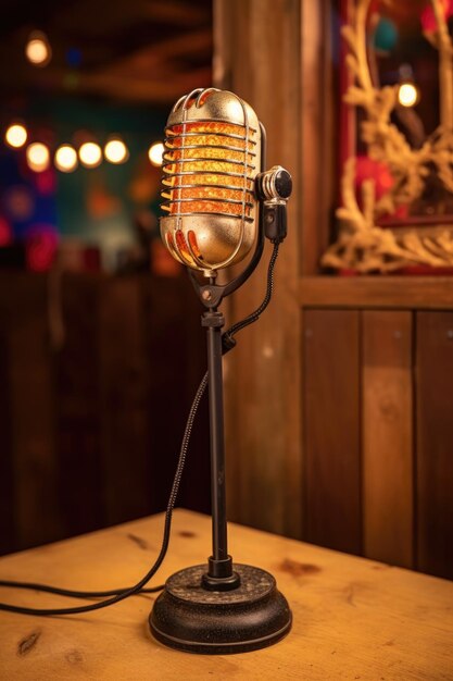 Vintage microphone with a podcast script on a stand created with generative ai