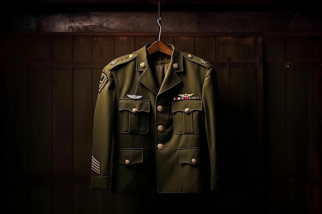 A vintage military uniform hanging on a hanger