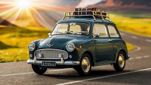 Vintage miniature car in trendy color travel concept