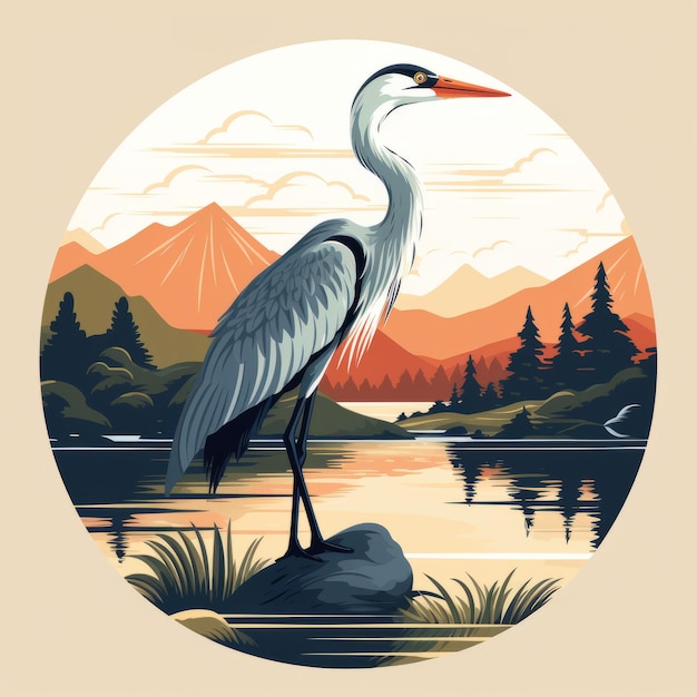 Vintage Minimalist Heron Illustration With Eagle On White Background