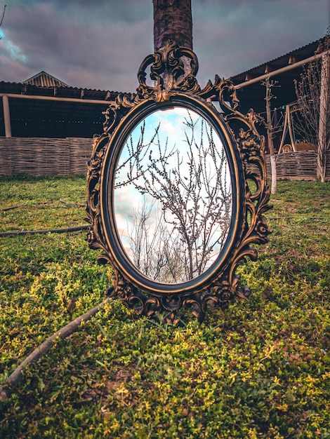 잔디에 반사된 빈티지 거울