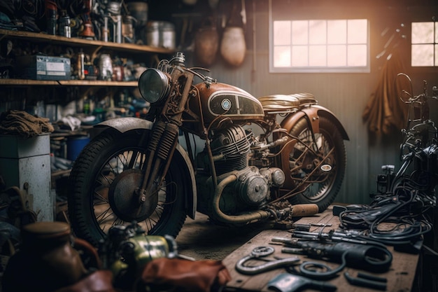 A vintage motorcycle in a brightly lit garage surrounded by old car parts and tools