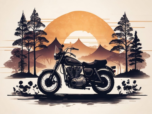 vintage motorcycle illustration with a mountain landscape background featuring rocky peaks green t