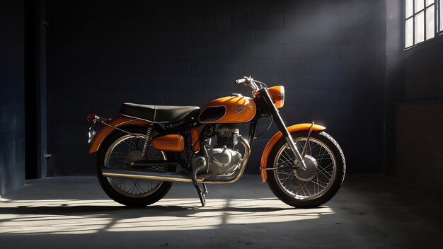 Vintage motorcycle standing in a dark building in the rays of sunlight side view