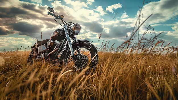 vintage motorcycle stands in a breezy grassland