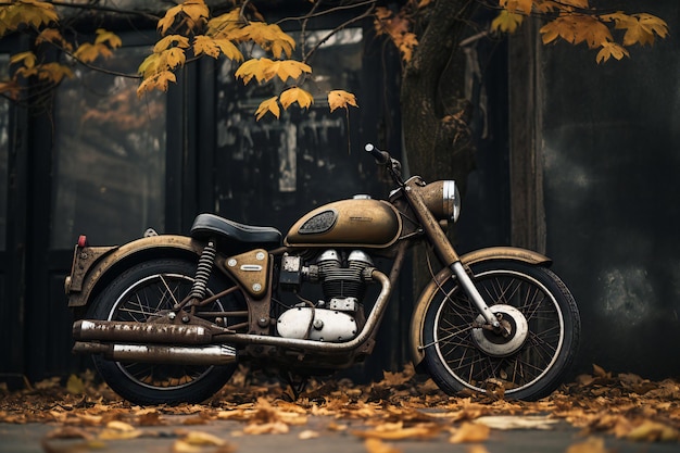 Vintage motorcycle on the street with autumn leaves in the background