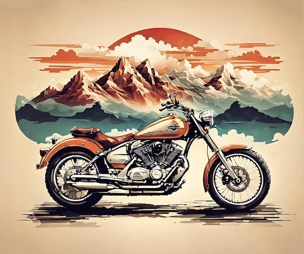 Photo vintage motorcycle in white background mountain with tshirt vibes illustration art