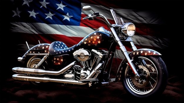 старинный мотоцикл с американским флагом на темном фоне
