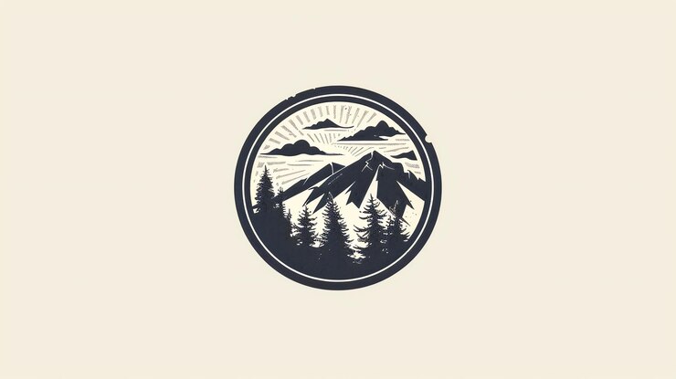 Photo 太陽の光と雲を描いたヴィンテージの山景色のロゴ