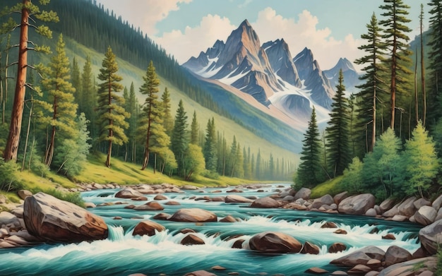 Винтажная иллюстрация природы горной реки