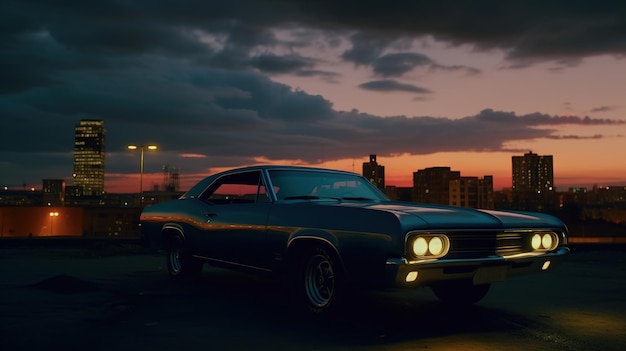 Vintage muscle car parked on the street at night 80s styled synthwave retro scene with powerful drive in evening Generated AI