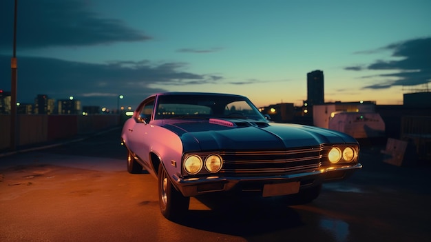 Vintage muscle car parked on the street at night 80s styled synthwave retro scene with powerful drive in evening Generated AI