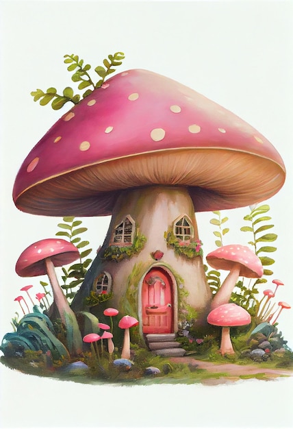 Photo vintage mushroom fairy house oil painting