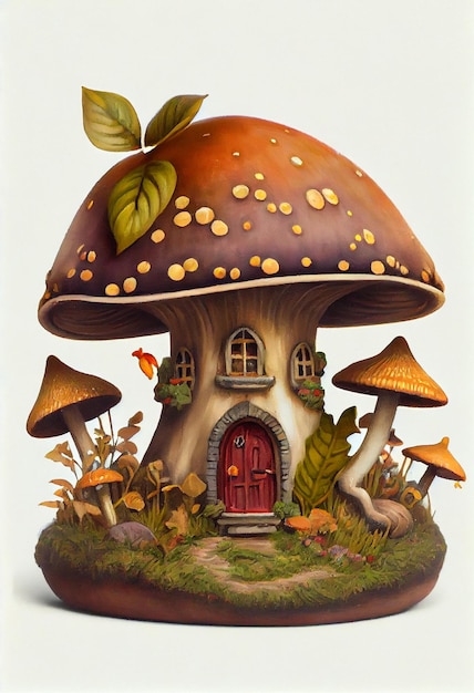 Vintage Mushroom Fairy House Oil Painting