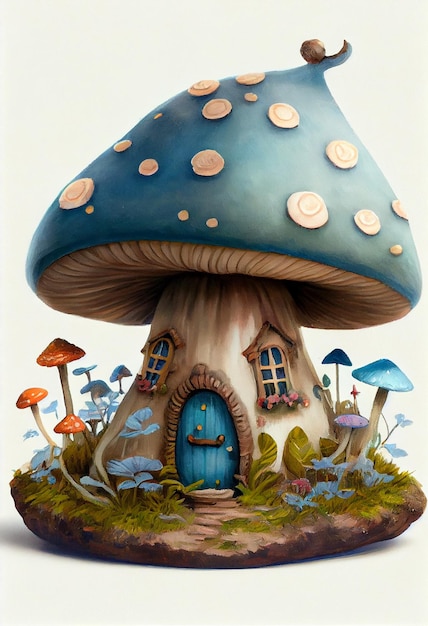 Vintage Mushroom Fairy House Oil Painting