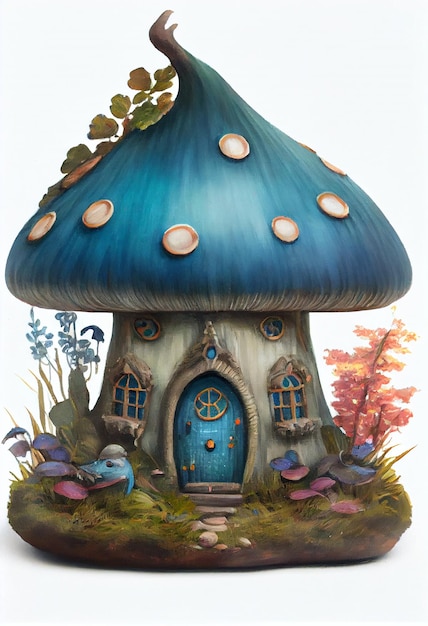 Vintage mushroom fairy house oil painting