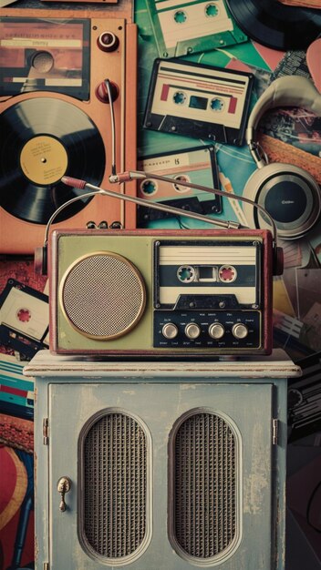 Vintage music collection retro radios and vinyl records