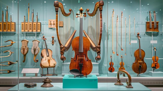 Vintage muziekinstrumenten tentoongesteld in een museum een collectie van snaar- en messingstukken vangen de kunst van het behoud van muziek AI