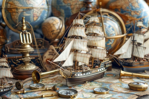 Vintage Nautical Exploration Theme with Antique World Globes Model Ship and Navigation Tools