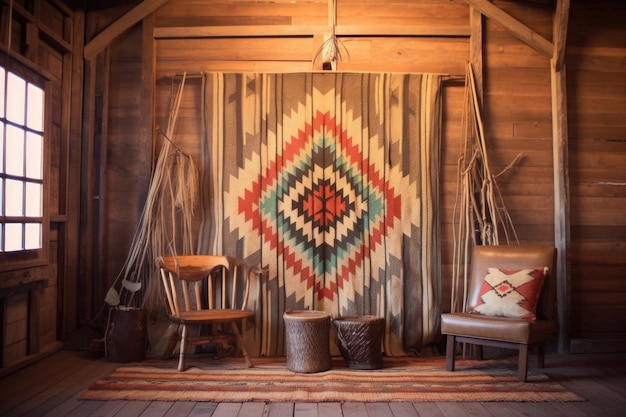 Vintage navajo rug hanging on a rustic wooden wall created with generative ai