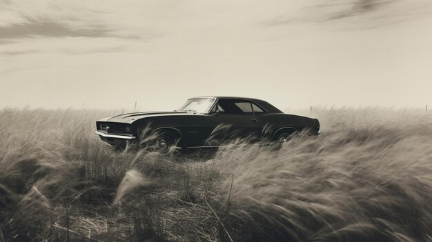 Photo vintage noir atmosphere chevrolet car in wisconsin grain field