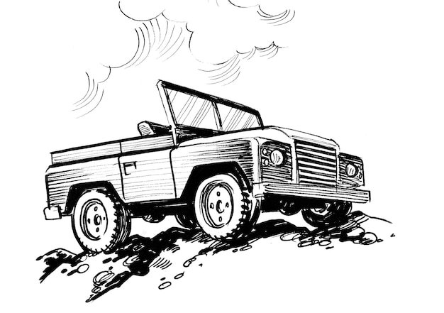 Vintage off-road vehicle. Ink black and white drawing