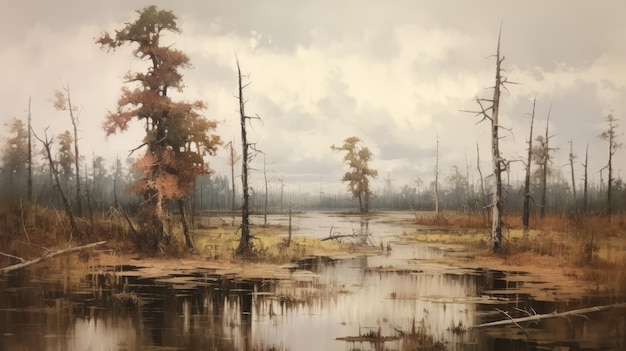 Photo vintage oil painting of a swamp with sky cedar