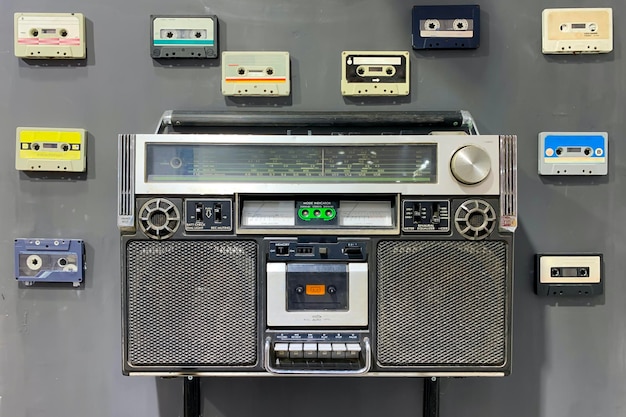 Photo vintage and old audio cassette tape and player