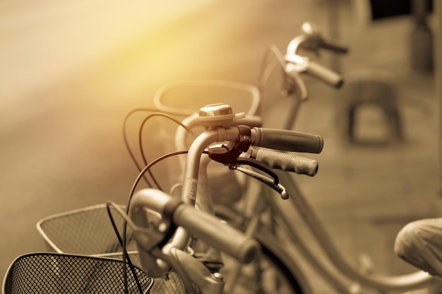 vintage old bicycles on city road. green energy and zero carbon concept.