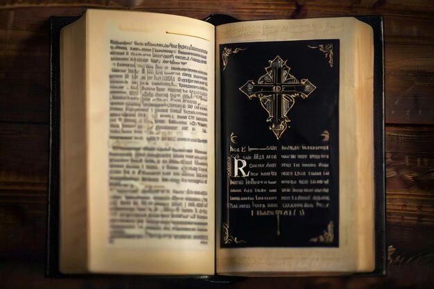 古い黒い刻のテーブルに黄金の百科事典の本を掲げて図書館で開いているヴィンテージの古い本