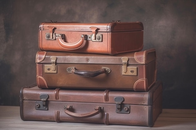 Vintage old classic travel leather suitcases on background 90's concepts Vintage style filtered photo
