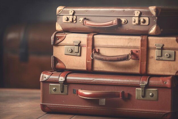 Vintage old classic travel leather suitcases on background 90's concepts Vintage style filtered photo