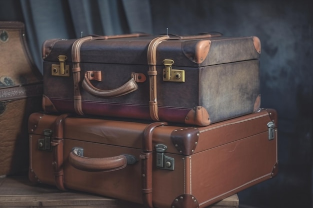 90 年代の概念を背景にヴィンテージの古い古典的な旅行革のスーツケース ビンテージ スタイルのフィルター処理された写真