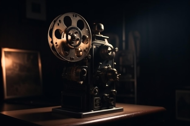 영화 촬영 개념을 투사하는 어두운 방에 있는 빈티지 구식 프로젝터