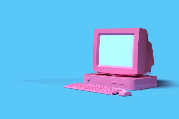 写真 青色の背景にヴィンテージの古いピンクのコンピューターデスクトップ