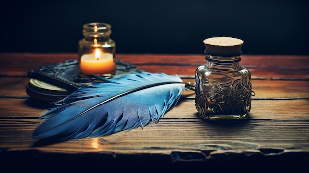 Vintage old quill pen and inkwell on wooden table