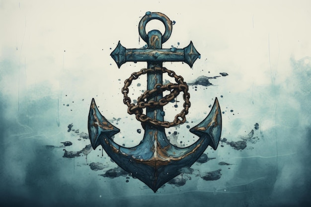 Vintage Old ship anchor on blue marine background Generate ai