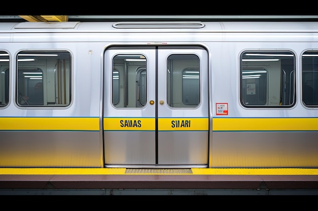 Vintage old silver and yellow train and a door closed in the station