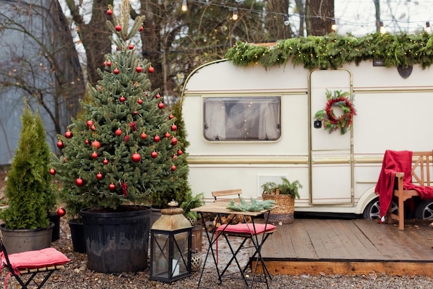 Vintage old trailer with Christmas decorations