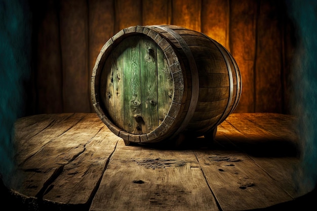 Vintage old withered wooden wine barrel in cellar