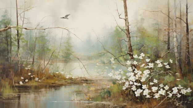 Foto vintage olieverf schilderij van dogwood forest op witte achtergrond