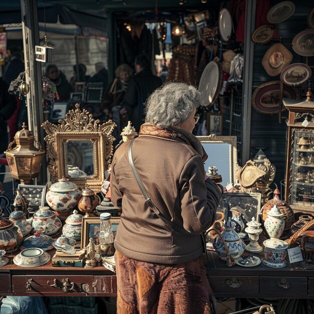 Vintage op de vlooienmarkt van Lille vindt vrouw aan tafel