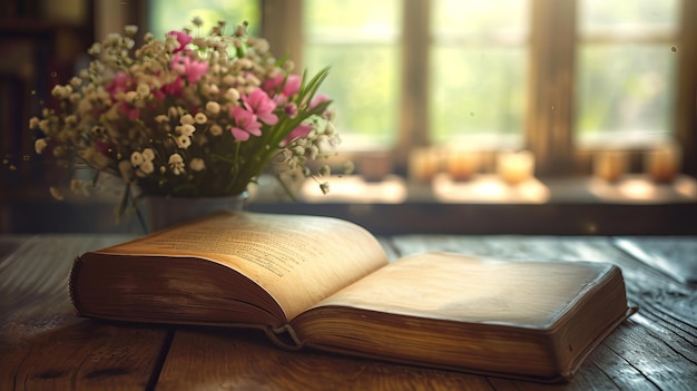 Vintage open book on wooden table with pink flowers and soft light