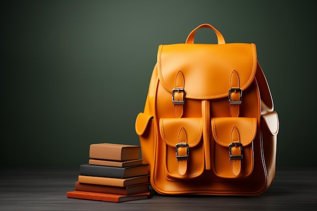 Vintage Orange Backpack with School Supplies on Table Generative AI