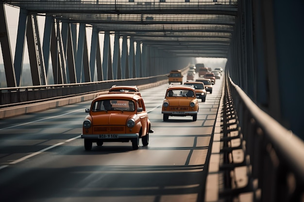 Foto sul ponte circolano auto d'epoca arancioni