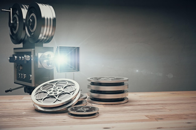 Vintage oude filmcamera en filmcartridge op een houten tafel